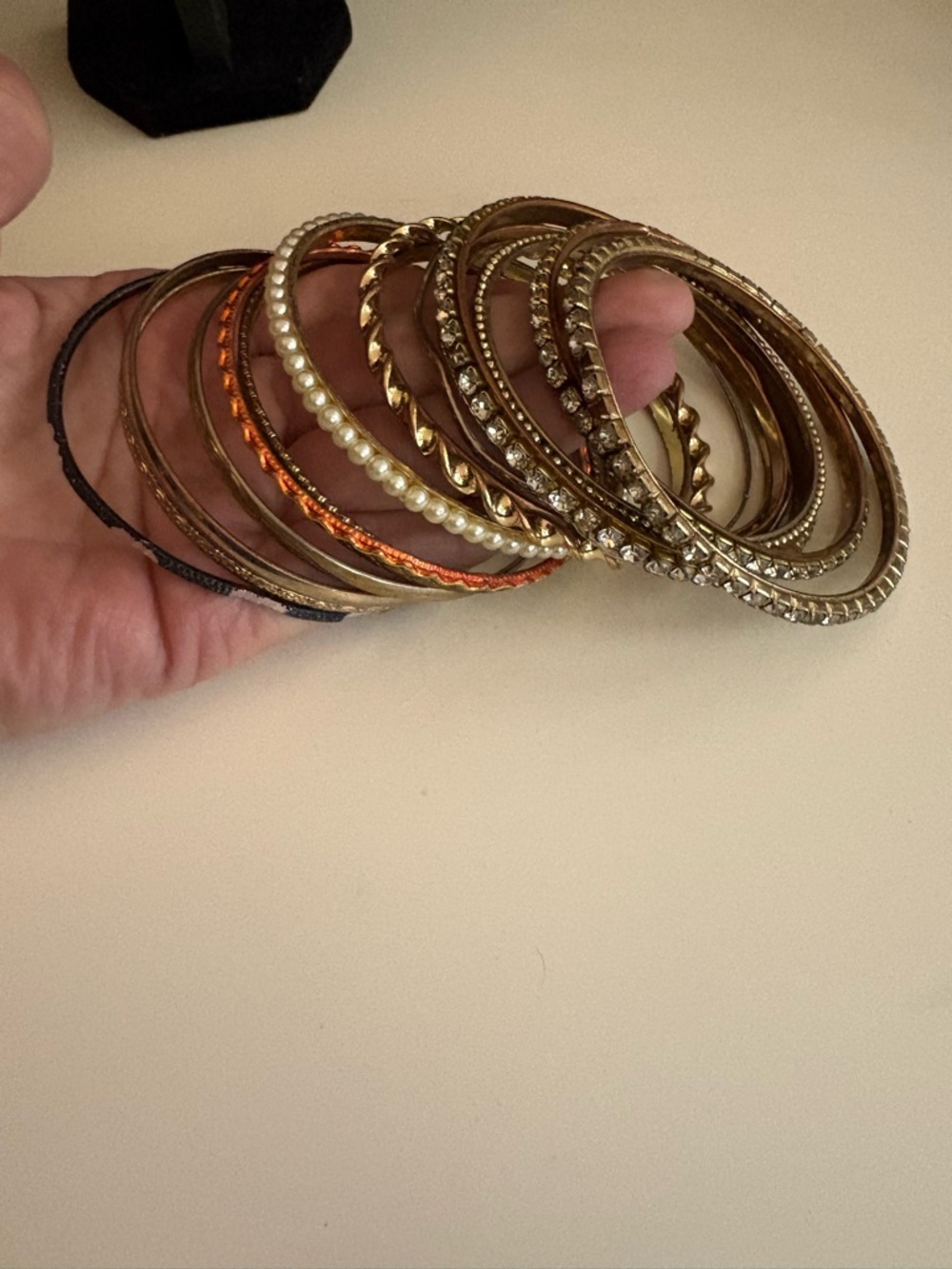 Gold-Tone Mixed Bangle Bracelet Set with Accent Pearls and Rhinestones